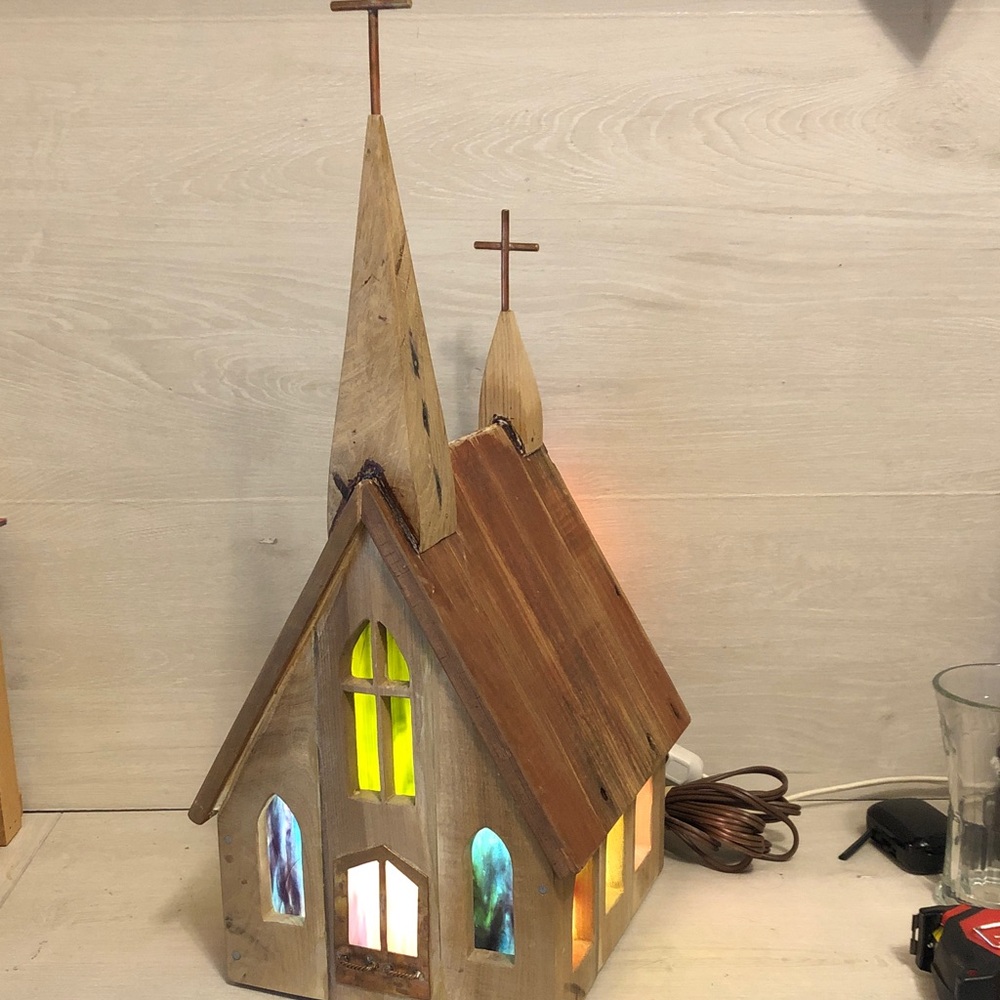 Rustic Hand Crafted Wooden Church w/ Stained Glass Windows, Brass Crosses & Door